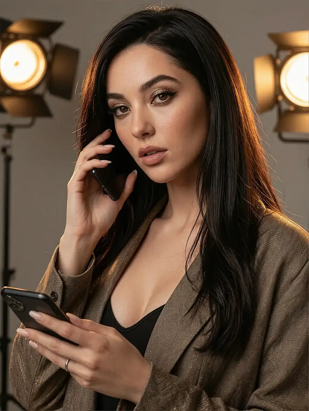 Fictional AI character in a dark jacket standing under round lobby bulbs with her phone